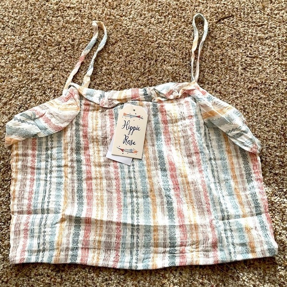 Hippie Rose Spaghetti Ruched Crop Top Size M Color Ivory Stripe. - Picture 3 of 6